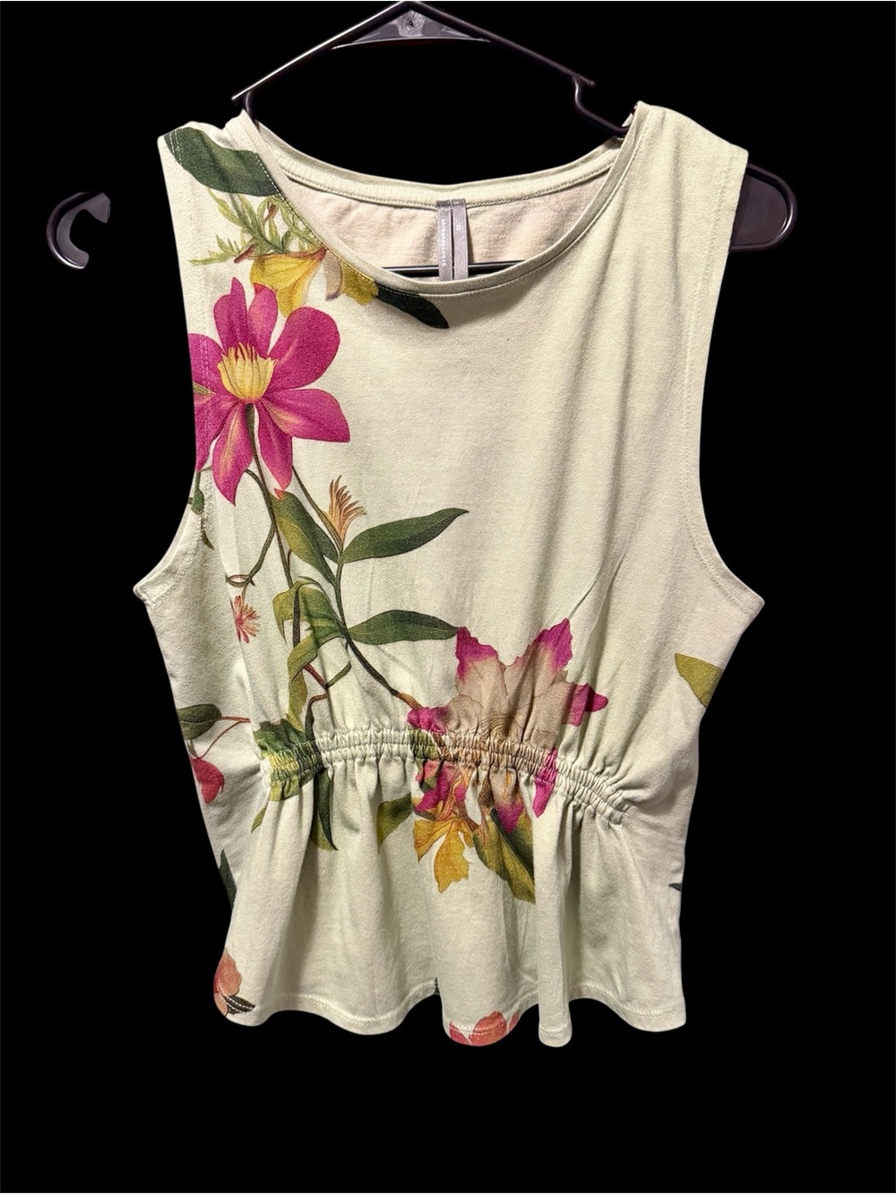 Anthropologie Floral Ruched Waist Sleeveless Top - Green with Pink Flowers